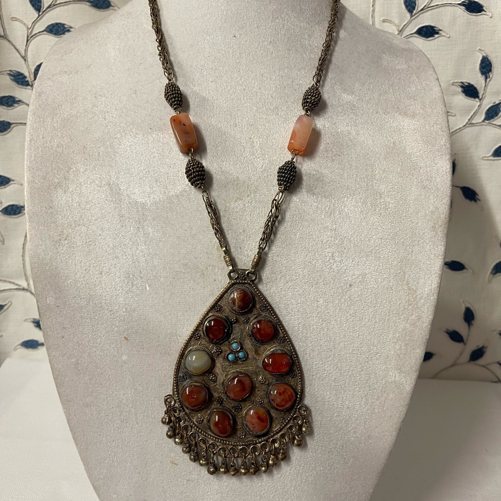 Bohemian Pendant Necklace with Red and Turquoise Accents